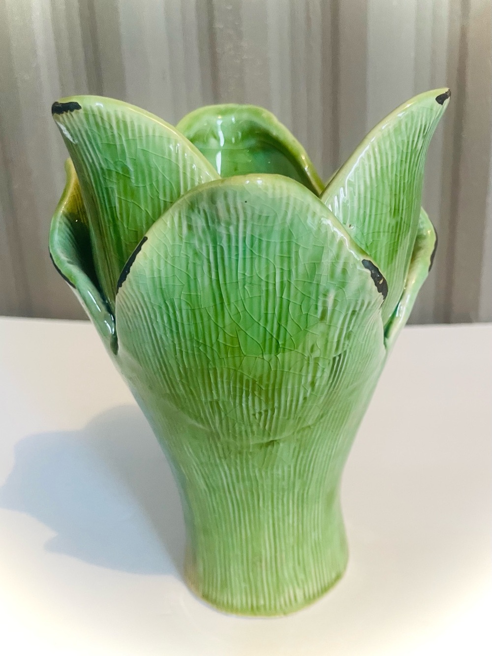 RARE Green Cabbage Leaf Asparagus Porcelain Flower Vase Majolica Style 7-1/2” - Picture 3 of 9